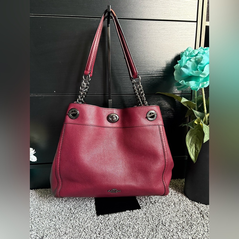Coach Turnlock Edie Burgundy Leather Shoulder Bag with Gunmetal Chain Straps